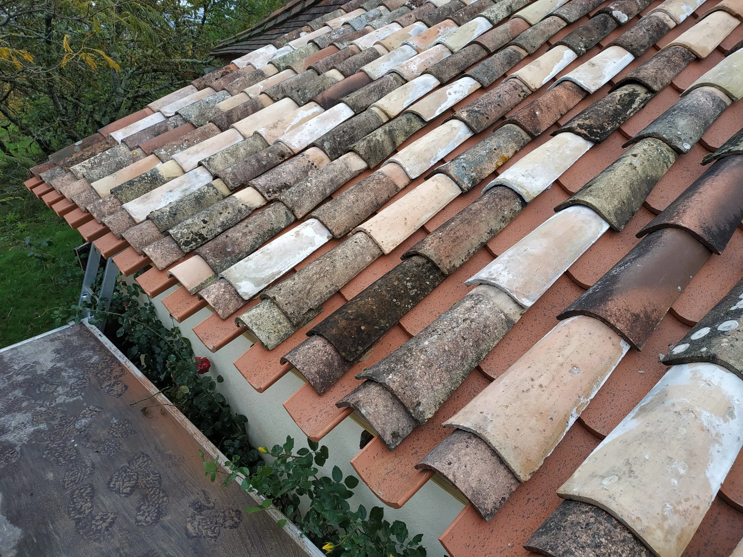 Toiture en tuiles canal anciennes aux teintes terre cuite, beige et brune