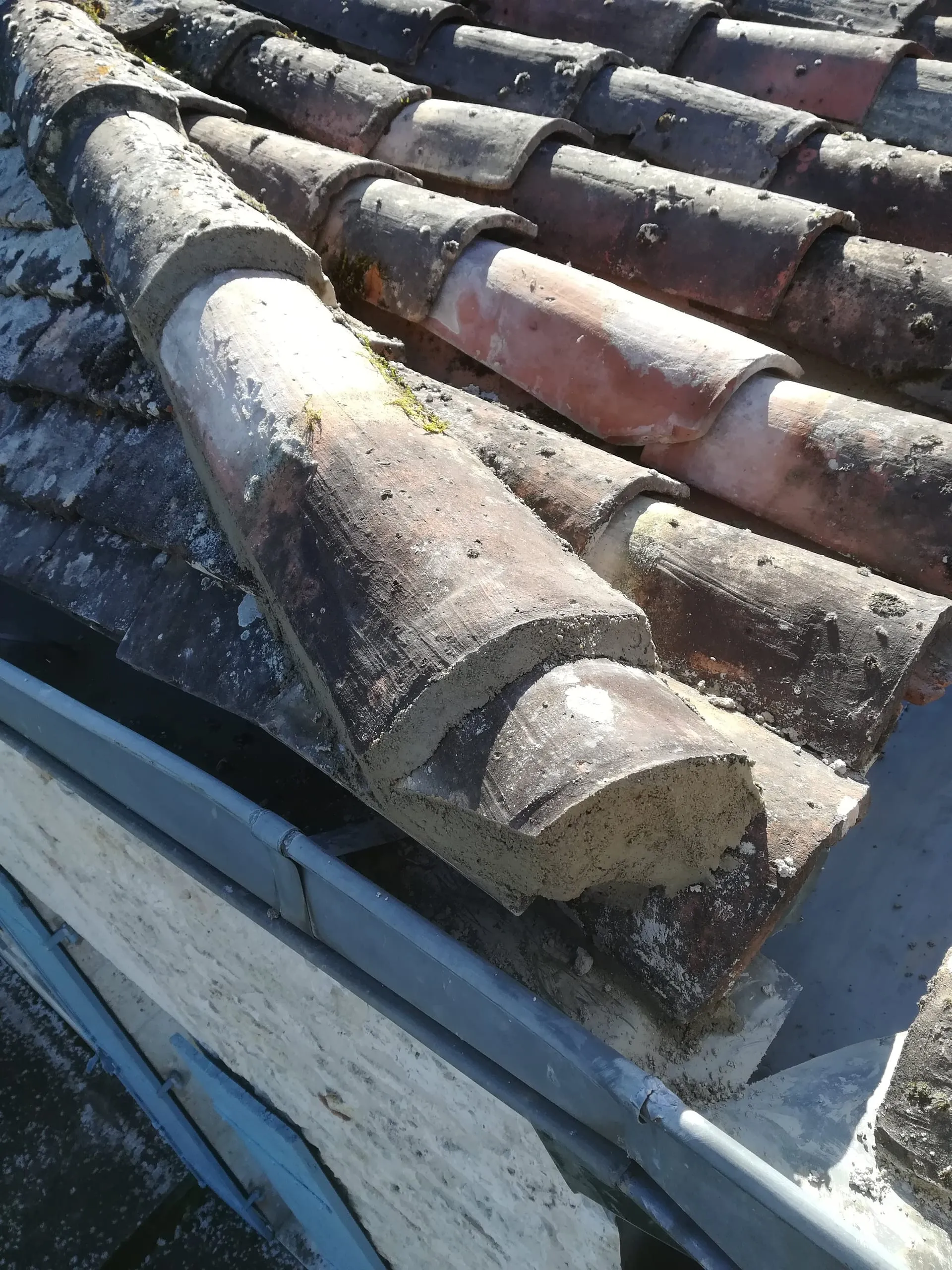 Toiture ancienne en tuiles canal patinées bordée d’une gouttière en zinc