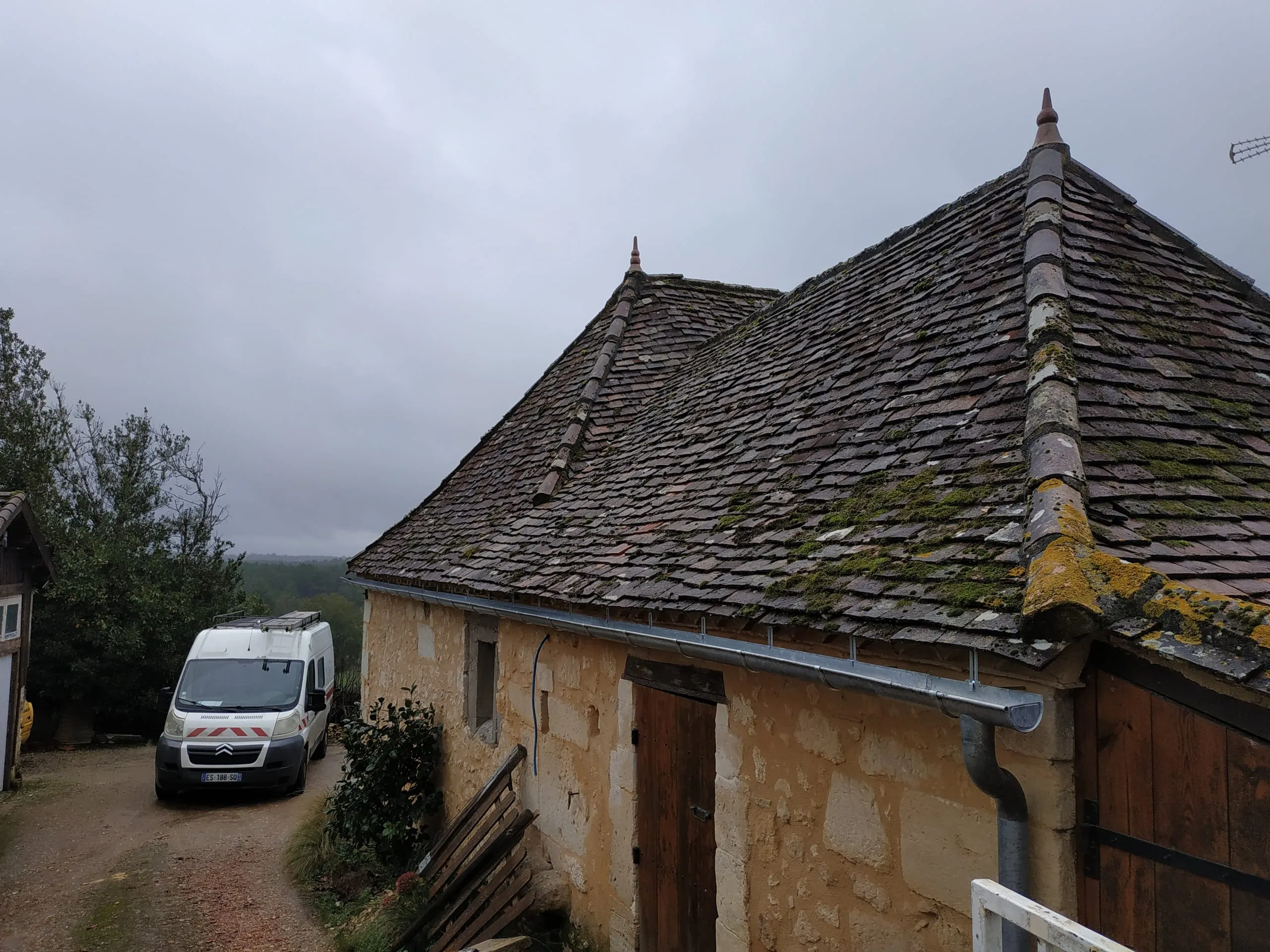 Toiture ancienne en ardoise fortement couverte de mousse avec gouttière en zinc