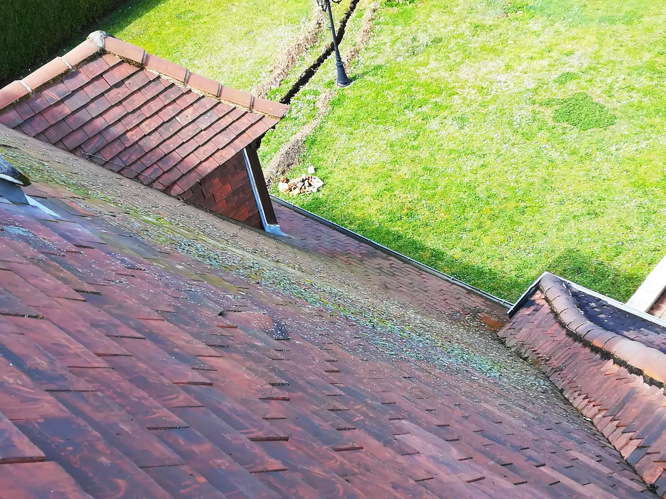 Toitures en tuiles anciennes présentant des traces de mousse avec une pelouse en arrière-plan